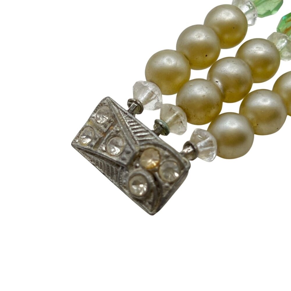 Vintage Faux Pearl Green Crystal Bracelet Rhinestone Box Clasp MCM 1940s-1950s - Picture 8 of 12